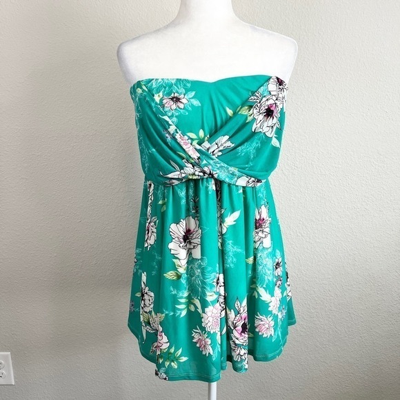 Torrid Strapless Babydoll Top Women's 3X Tunic Green Floral Mesh Flowy Twisted - Picture 2 of 9